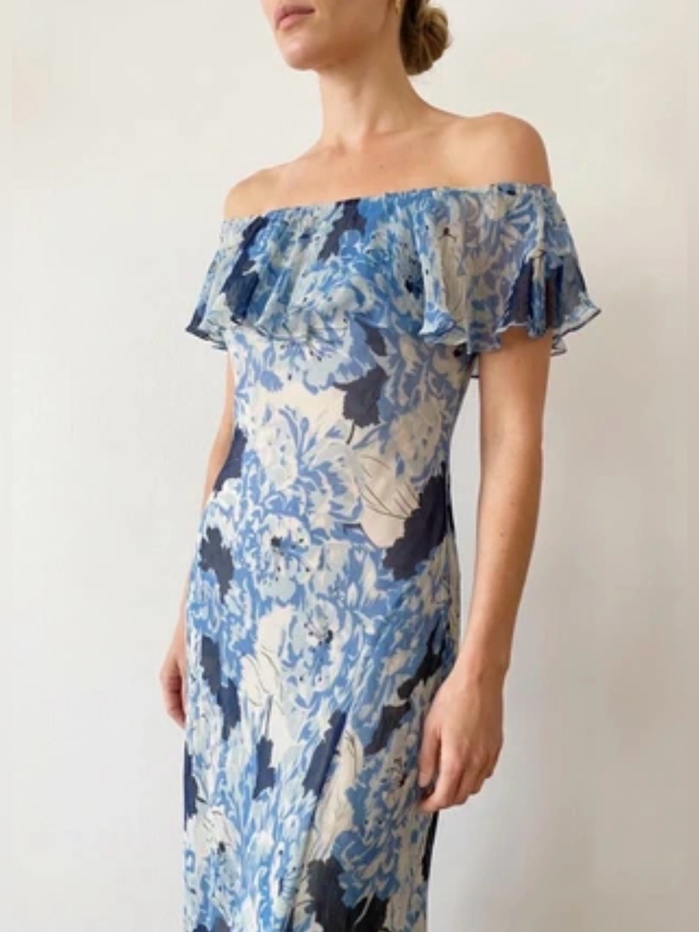 Polo Ralph Lauren Silk Floral Off Shoulder Midi Dress Blue White Size 10